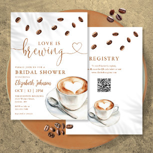 Trouwdag uitnodiging Love Is Brewing Coffee QR Cod
