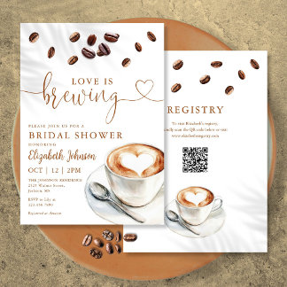 Trouwdag uitnodiging Love Is Brewing Coffee QR Cod