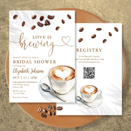 Trouwdag uitnodiging Love Is Brewing Coffee QR Cod