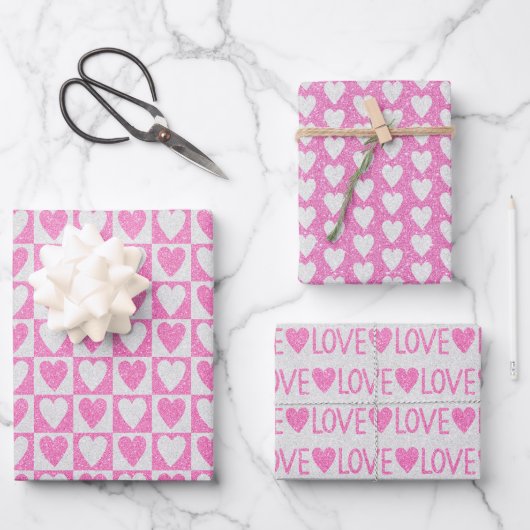 Trouwdag Valentijnsdag Roze Witte Glitter Harten Inpakpapier Vel (Voorkant)