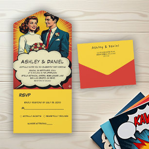 Trouwdag van een romantisch koppel in retro strips all in one uitnodiging