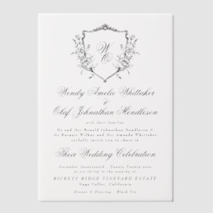 Trouwdag Vintage Monogram Krans Zwart & Wit Vellum Uitnodigingen