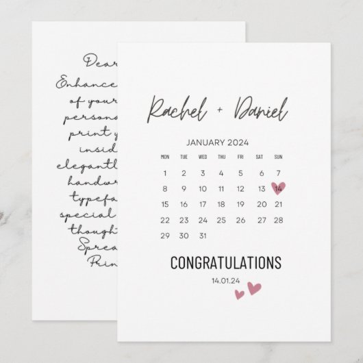 Trouwdagkaart, Op uw trouwdag kaart, Agenda Save The Date (Voorkant / Achterkant)