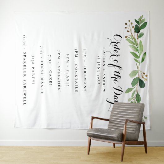 Trouwdagprogramma met eucalyptusbladeren wandkleed (In Situ (horizontaal))