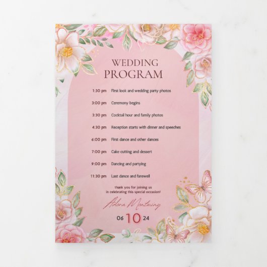 Trouwdagprogramma – Roze Bloemen & Vlinder Desi Drieluik Programma (Cover)