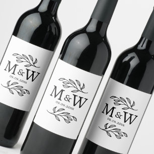 Trouwdatum Koppel Monogram Elegante Botanische Wijn Etiket