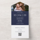 Trouwdatum met Navy Blue Monogram QR-code foto All In One Uitnodiging (Binnen)