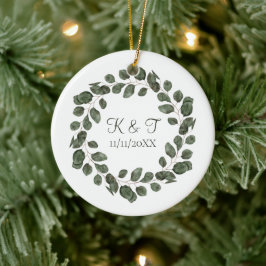 Trouwdatum Monogram Eucalyptusbladeren Elegant Keramisch Ornament