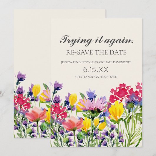 Trouwdatum opnieuw opslaan Foto Aquarel Wilde Bloe Save The Date (Voorkant / Achterkant)