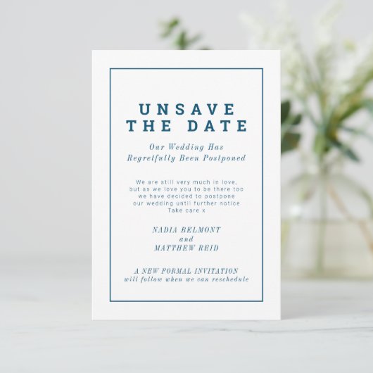 Trouwdatum opschorten wijziging van plan uitgestel save the date (Staand voorkant)