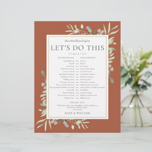 Trouwdatum schema tijdschema met terracotta groen (Staand voorkant)