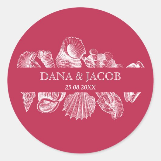 Trouwdatum Strand Schelp Namen Ronde Sticker (Voorkant)