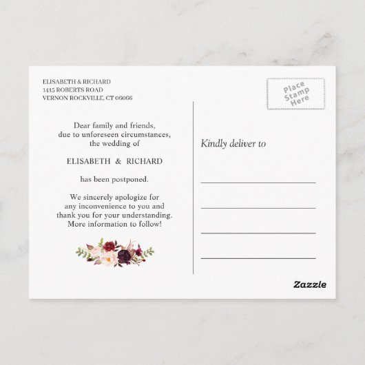 Trouwdatum Uitgesteld Bourgogne Rood Blush Bloem Briefkaart (Achterkant)