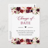 Trouwdatum Uitgesteld Bourgondiërrood Blush Bloemi Briefkaart (Voorkant / Achterkant)