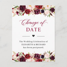 Trouwdatum Uitgesteld Bourgondiërrood Blush Bloemi Briefkaart