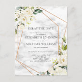 Trouwdatum Uitstel Witte Bloemen Geometrisch Aankondigingskaart (Voorkant)