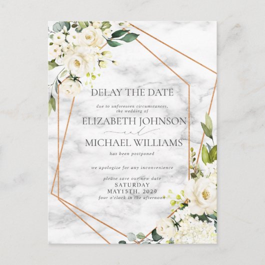Trouwdatum Uitstel Witte Bloemen Geometrisch Aankondigingskaart (Voorkant)