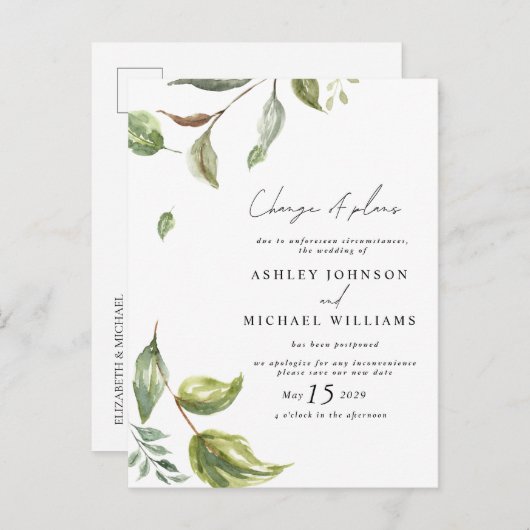 Trouwdatum Verandering van Plannen Waterverf Scrip Aankondigingskaart (Voorkant / Achterkant)
