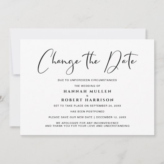 Trouwdatum Wijzig de Datum Uitstel Zwart Wit Aankondiging (Voorkant)