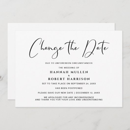 Trouwdatum Wijzig de Datum Uitstel Zwart Wit Aankondiging (Voorkant / Achterkant)
