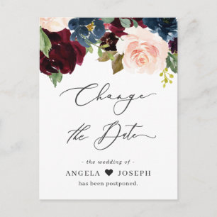 Trouwdatum Wijzigen Bordeaux Roze Navy Bloemen Briefkaart