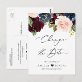 Trouwdatum wijzigen Burgundy Blush Navy Bloem Briefkaart (Voorkant / Achterkant)