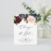 Trouwdatum Wijzigen Burgundy Blush Navy Bloemen Briefkaart (Staand voorkant)