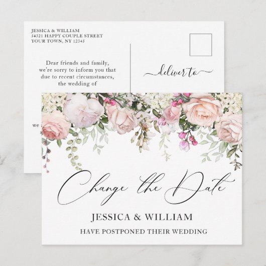 Trouwdatum Wijzigen Elegante Roze Rozen Briefkaart (Voorkant / Achterkant)