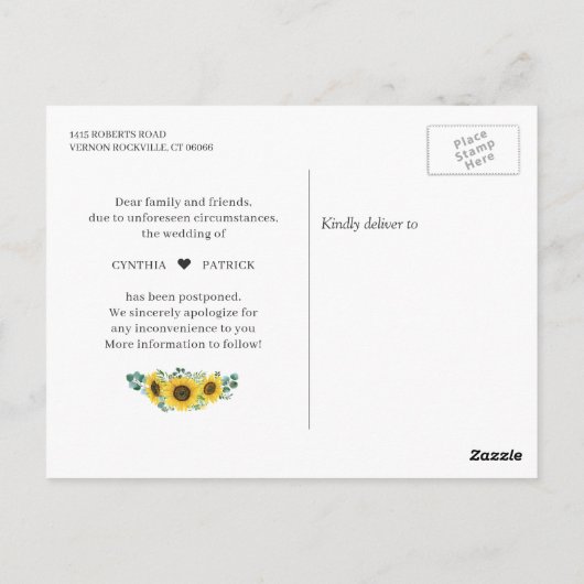 Trouwdatum Wijzigen Elegante Zonnebloem Script Briefkaart (Achterkant)