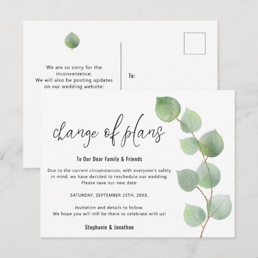 Trouwdatum Wijziging Script Eucalyptus Aankondigingskaart (Voorkant / Achterkant)