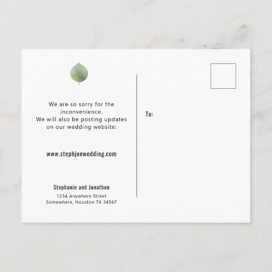 Trouwdatum Wijziging Script Eucalyptus Aankondigingskaart (Achterkant)