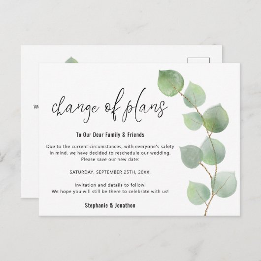 Trouwdatum Wijzigings Script Eucalyptus Aankondigingskaart (Voorkant / Achterkant)