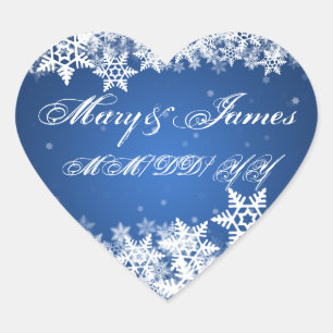 Trouwdatum Winter Sneeuwvlokken Blauw Sapphire Hart Sticker