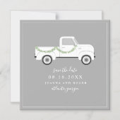 Trouwdatum witte oldtimer vrachtwagen magnetische uitnodiging (Voorkant)