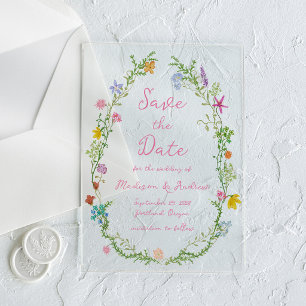 Trouwdatumkaart met Tuin Wilde Bloemen Fantasie Acryl Uitnodigingen
