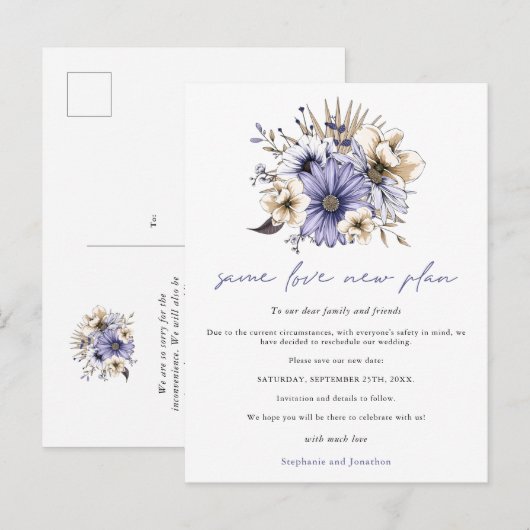 Trouwde Liefde Nieuwe Plan Datum Paarse Bloemen Aankondigingskaart (Voorkant / Achterkant)