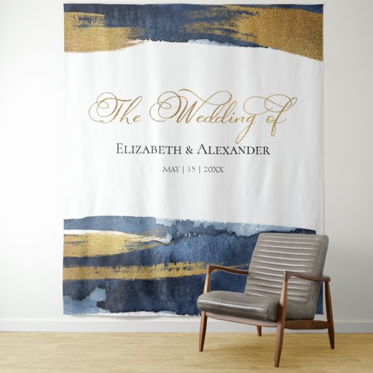 Trouwdecoratie | Blauw Aquarel Abstract Verguld Wandkleed (In situ)