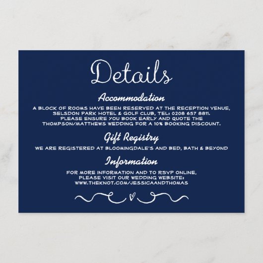 Trouwdetail Insert Kaart | Modern Navy blauw (Achterkant)