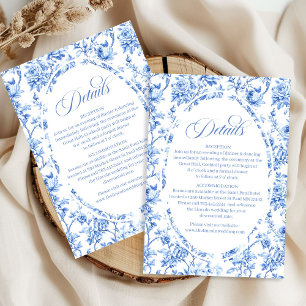 Trouwdetailkaartenset met blauwe rozen in toile-st informatiekaartje