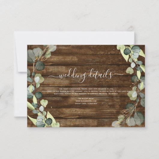 Trouwdetails Eucalyptus Groene Rustieke Hout Kaart (Voorkant)