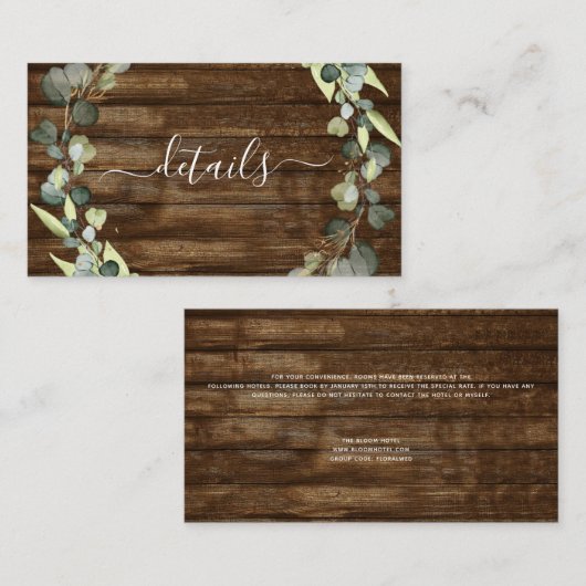 Trouwdetails Eucalyptus Rustiek Hout Groen Visitekaartje (Voorkant / Achterkant)