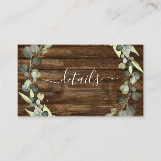 Trouwdetails Eucalyptus Rustiek Hout Groen Visitekaartje (Voorkant)
