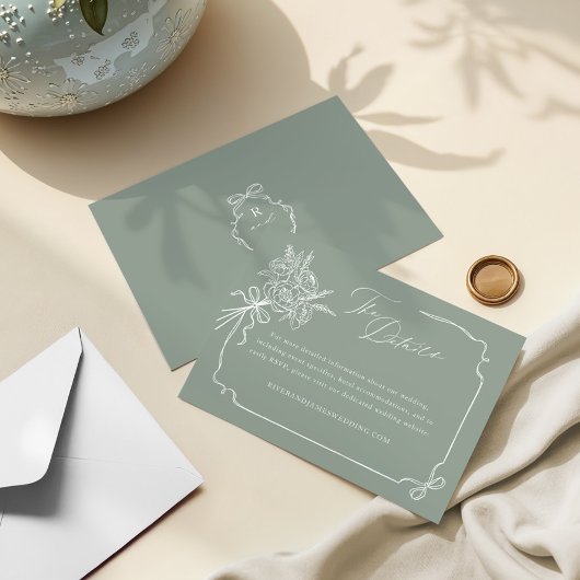 Trouwdetails Hand getrokken boog & lint boeket Informatiekaartje