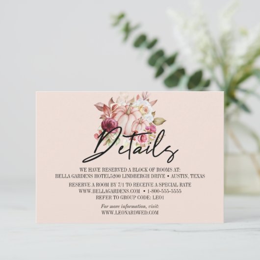 Trouwdetails Herfst Pompoen Bloemen Kaart (Staand voorkant)