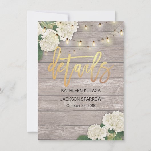 Trouwdetails hortensia Bloem Slinger Licht hout Kaart (Achterkant)