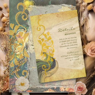 Trouwdetails in donkere barokstijl met bloemen informatiekaartje