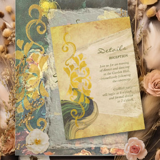 Trouwdetails in donkere barokstijl met bloemen informatiekaartje