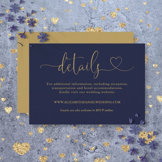 Trouwdetails in Navyblauw en Goud Hart Script Informatiekaartje