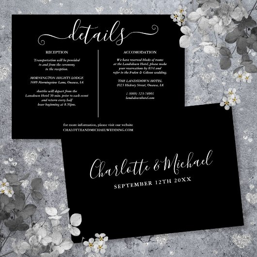 Trouwdetails in zwart-wit informatie kaart