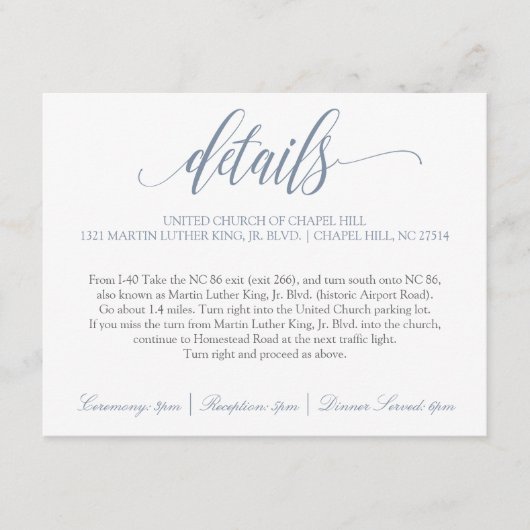 Trouwdetails | Luxe Calligrafie (Stofblauw) Informatiekaartje (Voorkant)